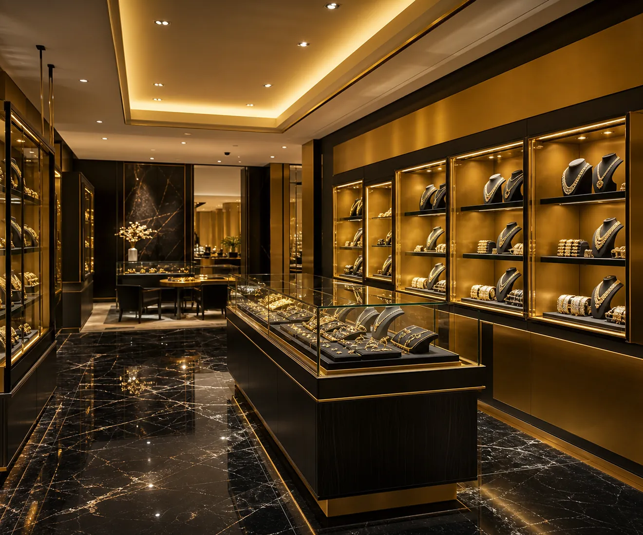 Sıcak ışıklı modern lüks kuyumcu showroom iç mekanı